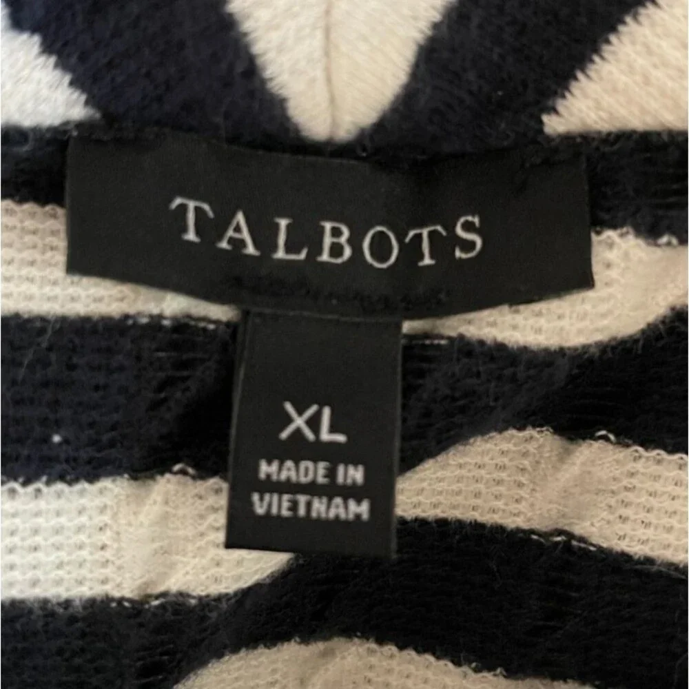 TALBOTS Womens Jacquard Knit TOP 3/4 Sleeve BLUE White STRIPE Funnel Neck Sz XL